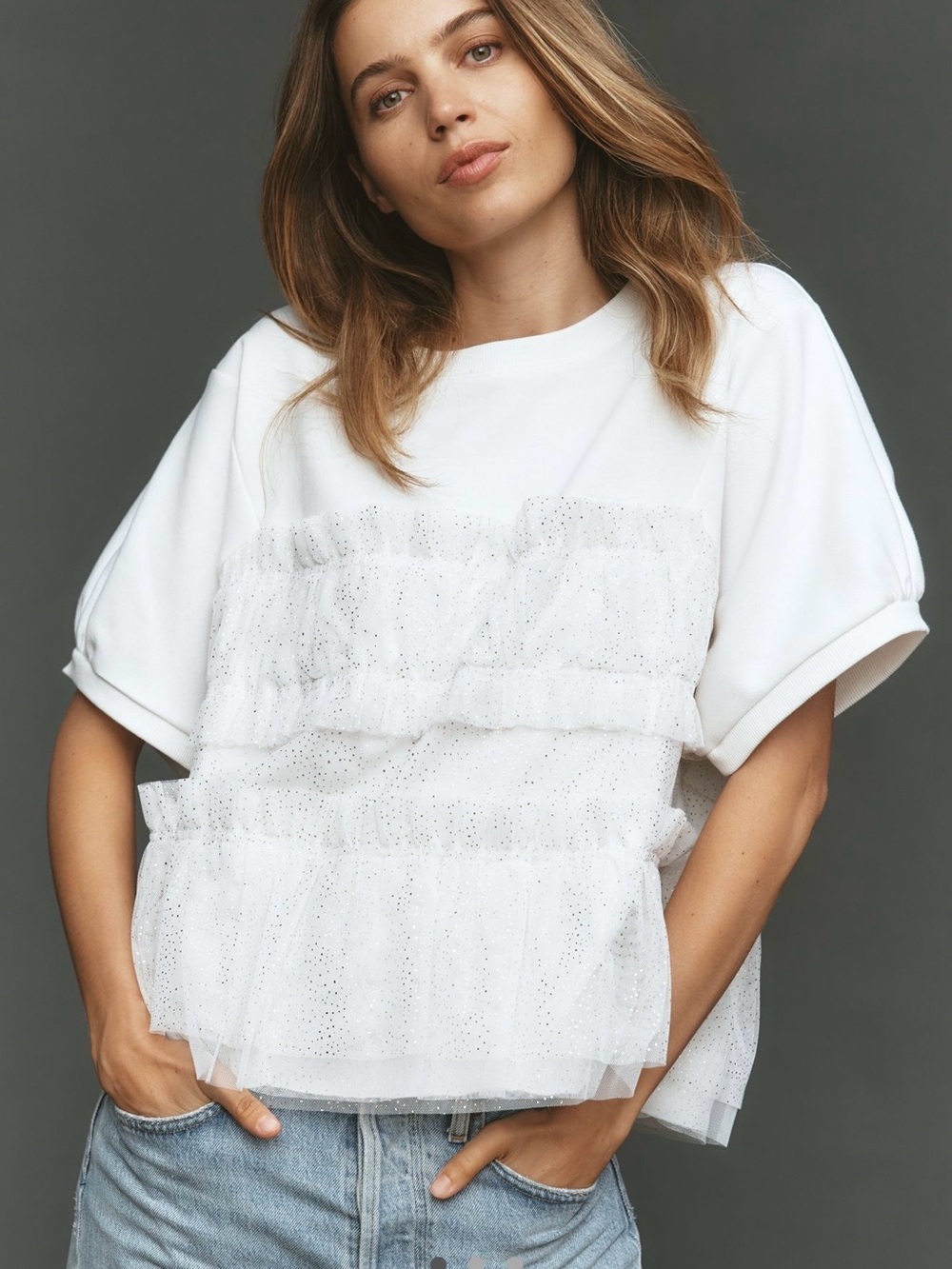 Maeve White Ruffled Mesh-Trim Short-Sleeves Sweatshirt